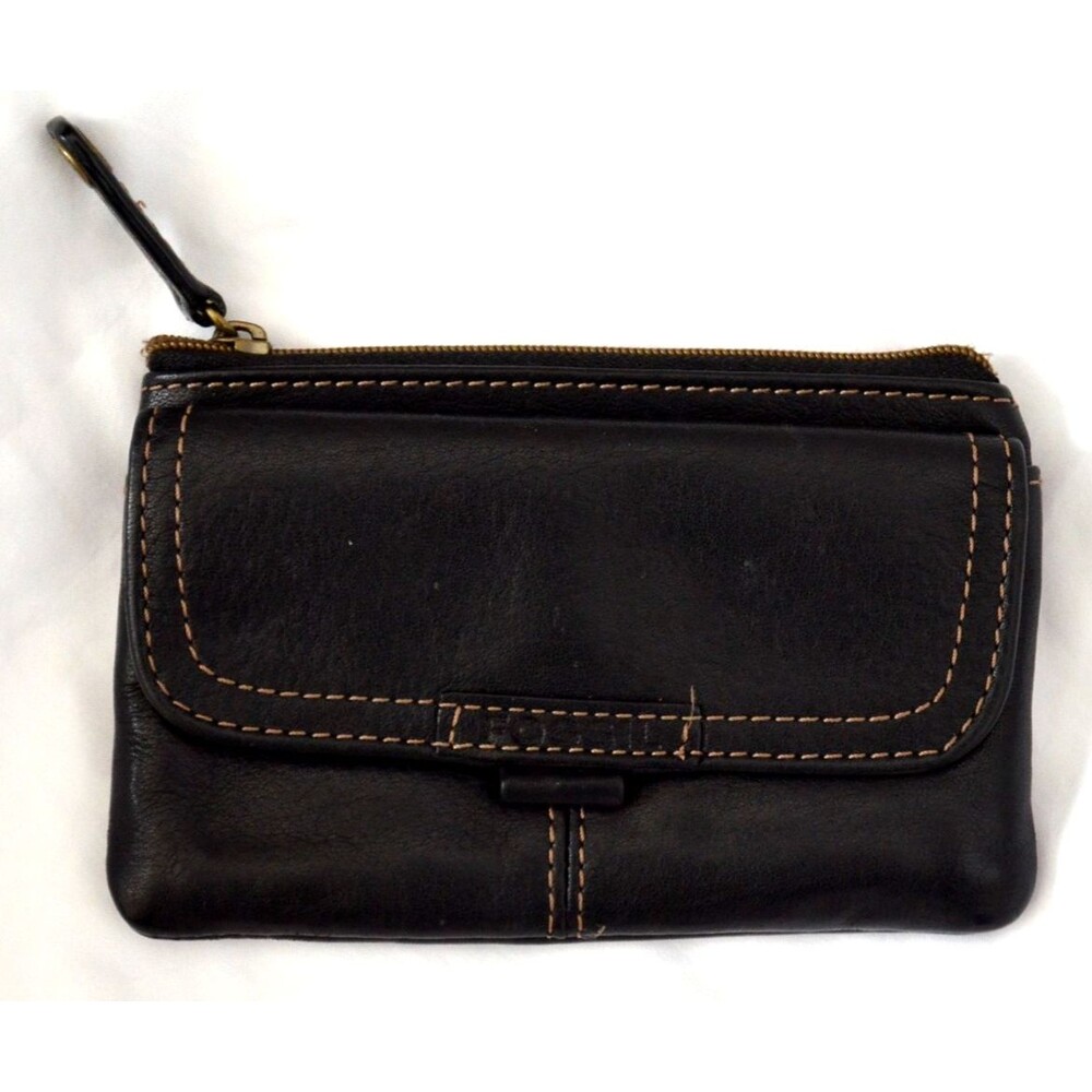 Fossil Change Purse Black Soft Genuine Leather Zip Top Back Pocket Snap Front